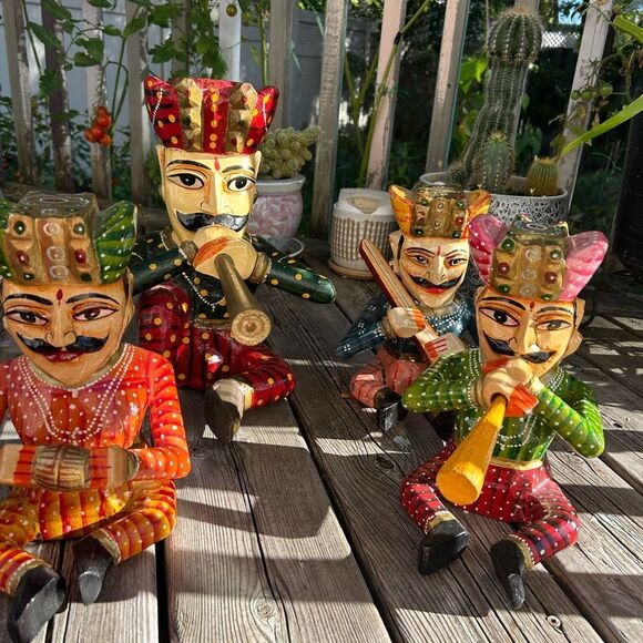 Vintage Set 4- Indian Handicraft Wooden Rajasthan Musicians Folk Art Statues - Picture 6 of 16